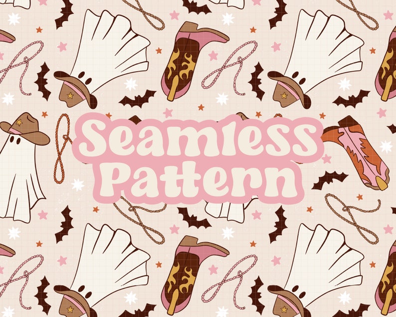 May include: A seamless pattern featuring a pink background with white ghosts wearing cowboy hats, brown bats, pink and orange cowboy boots, and gold stars. The text "Seamless Pattern" is written in pink and white letters.