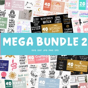 Könnte beinhalten: Eine Collage aus bunten digitalen Designs zum Basteln mit einer Vielzahl von Themen, darunter Babysprüche, Meerjungfrauen, Yoga, Hexerei, Kaffee und vieles mehr. Der Text "Mehr als 400 Designs" und "Mega Bundle 2 Sparen Sie 99 %" ist auf dem Bild zu sehen.