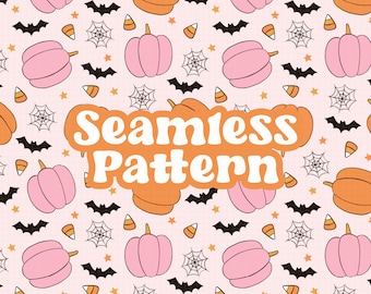 Cute Pumpkin Seamless Pattern, Pink Orange Halloween Pattern for Kids Fabric