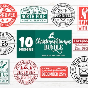 Christmas Stamps SVG Bundle, Santa Stamp Svg Design, North Pole Stamps, Santa Claus Stamps Cut Files, Santa Reindeer Svg, Santa&#39;s mail
