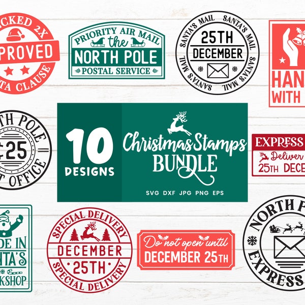 Christmas Stamps SVG Bundle, Santa Stamp Svg Design, North Pole Stamps, Santa Claus Stamps Cut Files, Santa Reindeer Svg, Santa's mail