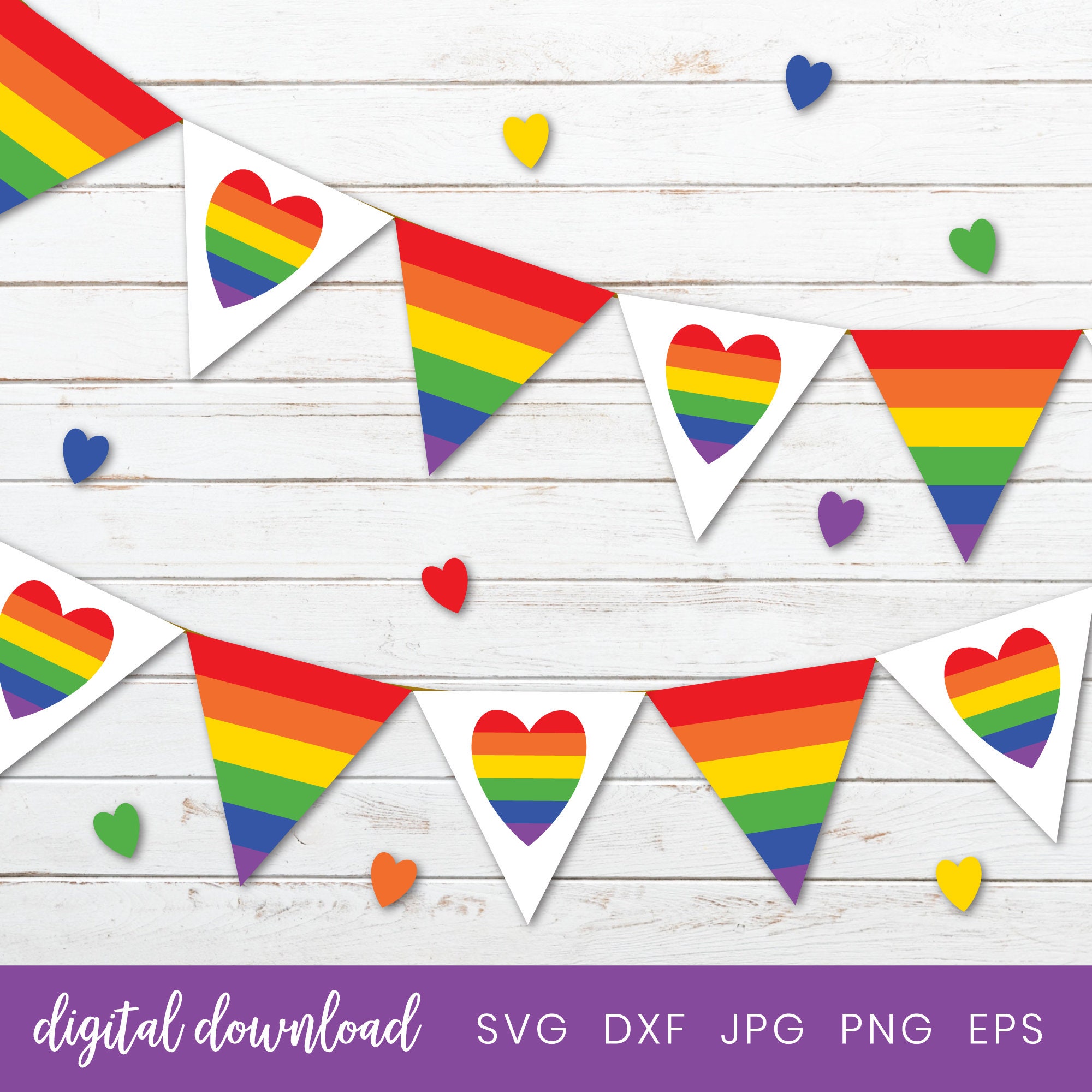 Pride Bunting Banner Svg Cut File Rainbow Love Heart Garland | Etsy