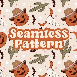 May include: A seamless pattern featuring a repeating design of orange jack-o'-lantern pumpkins wearing cowboy hats, green cacti, and white skull-shaped cowbells. The background is a light beige with white stars.