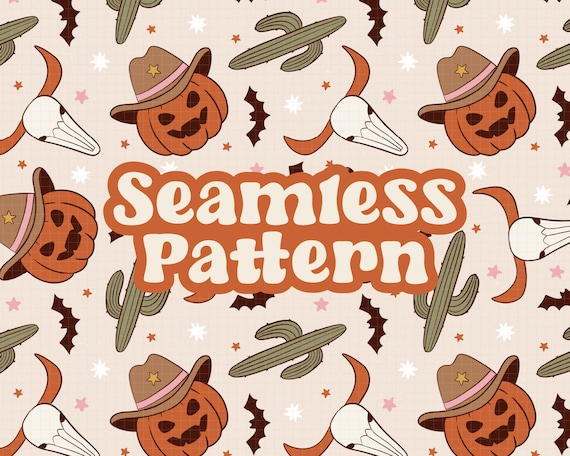 Cowboy Halloween, Halloween Seamless, Western Halloween Png, Surface Pattern Design, Fall Repeating Pattern, Cactus Bull Skull Png, Bat Png