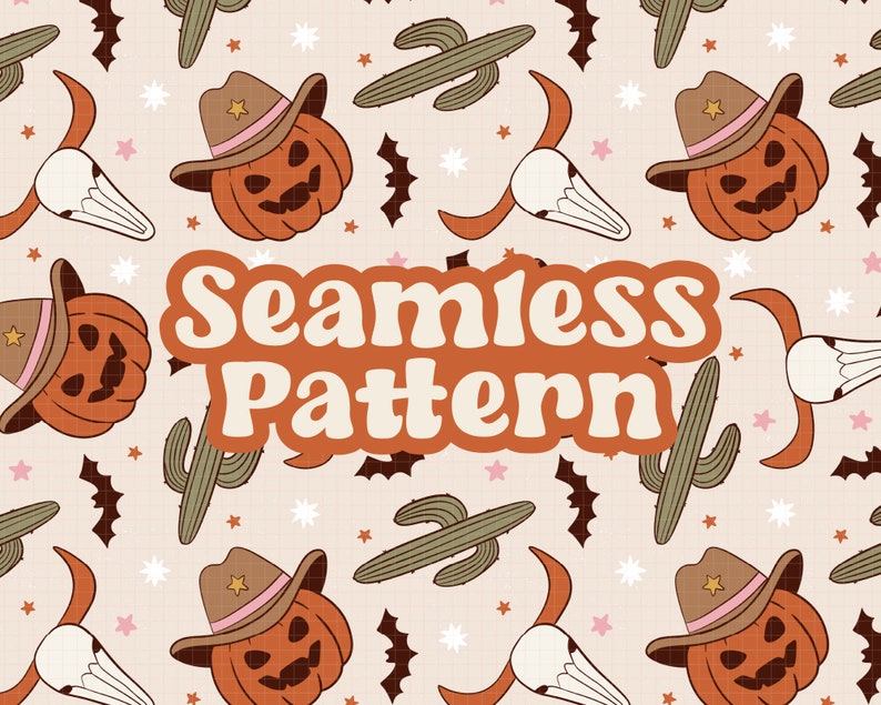 May include: A seamless pattern featuring a repeating design of orange jack-o'-lantern pumpkins wearing cowboy hats, green cacti, and white skull-shaped cowbells. The background is a light beige with white stars.