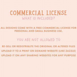 May include: A graphic with the text "COMMERCIAL LICENSE" and "WHAT IS INCLUDED?" in orange. The text below explains that all designs come with a free commercial license for personal and small business use. It also lists what is not allowed, such as re-selling or redistributing the original or altered files, uploading to a print-on-demand website, and uploading to any sharing websites for any purpose.