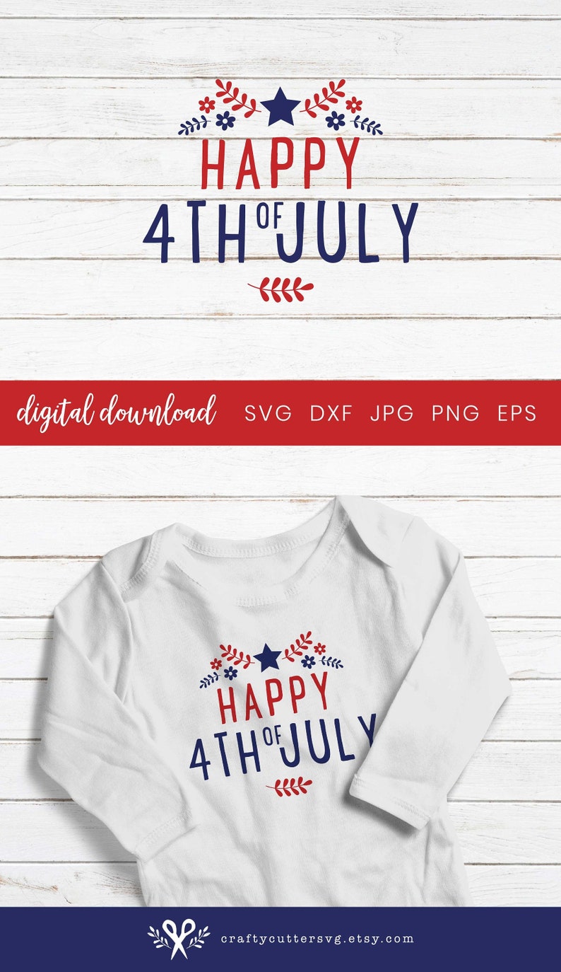 May include: A white onesie with a red, white, and blue graphic that says "Happy 4th of July" with a star and floral accents.
