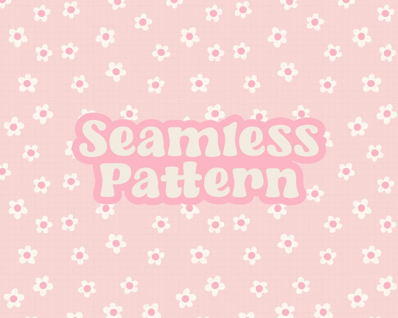 May include: A seamless pattern design featuring small white flowers with pink centres scattered across a light pink background. The words "Seamless Pattern" are displayed in a pink bubble font.