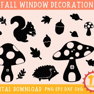 Può includere: Un set di 17 decorazioni per finestre autunnali in bianco e nero con uno scoiattolo, un riccio, funghi, ghiande e foglie. Il testo "Fall Window Decoration" e "17 Elements" è incluso nell'immagine.
