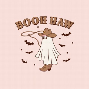 May include: A white ghost wearing a brown cowboy hat with a star on it and brown cowboy boots. The ghost is holding a lasso and there are bats and stars in the background. The text "Booh Haw" is written in brown letters above the ghost.