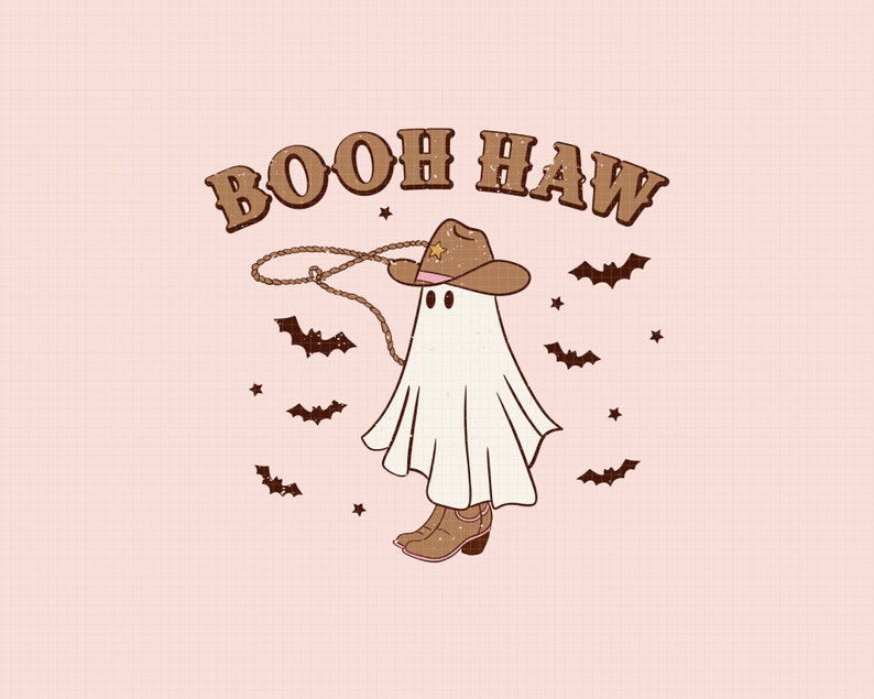 May include: A white ghost wearing a brown cowboy hat with a star on it and brown cowboy boots. The ghost is holding a lasso and there are bats and stars in the background. The text "Booh Haw" is written in brown letters above the ghost.