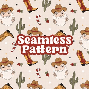 Western Cowboy Seamless Pattern, Santa Claus Cowboy Christmas Png Pattern