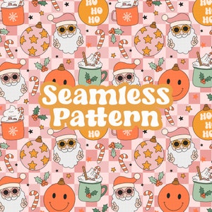 Könnte beinhalten: Ein nahtloses Muster mit verschiedenen weihnachtlichen Illustrationen, darunter der Weihnachtsmann mit Sonnenbrille, Zuckerstangen, Stechpalme, Kugeln und Tassen mit heißer Schokolade. Der Hintergrund ist ein rosa-weißes Karomuster.