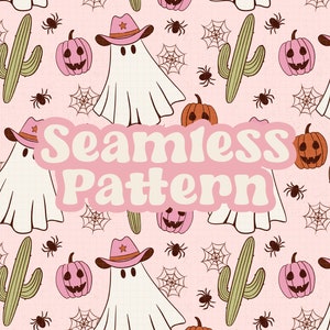 Pu&ograve; includere: Uno schema senza cuciture con uno sfondo rosa con fantasmi bianchi che indossano cappelli da cowboy, zucche arancioni con facce di jack-o-lantern, cactus verdi e ragni neri in ragnatele. Il testo "Seamless Pattern" &egrave; scritto in un font retr&ograve;.