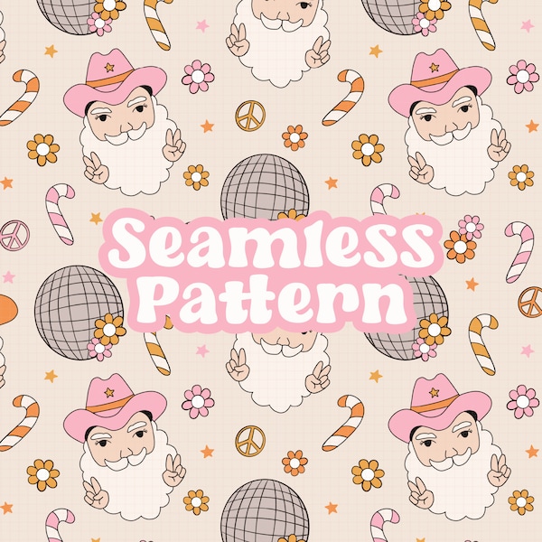 Retro Floral Santa Seamless Pattern, Cute Groovy Santa Claus Christmas Png Pattern