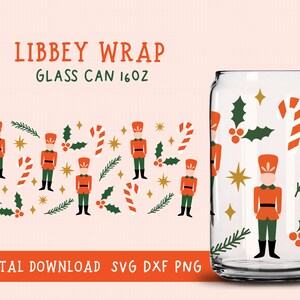 May include: A digital download of a Christmas-themed design for a 16 oz glass can. The design features a repeating pattern of nutcracker soldiers, candy canes, holly, and stars. The design is perfect for personalizing your holiday drinks.