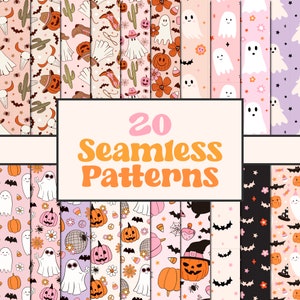 Retro Floral Ghost Seamless Pattern, Cute Groovy Pumpkin Png Pattern
