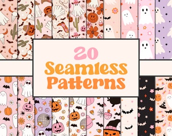 May include: A collection of 20 seamless patterns with a Halloween theme. The patterns feature ghosts, pumpkins, bats, and other spooky elements in various colors. The text "20 Seamless Patterns" is displayed in orange and yellow.
