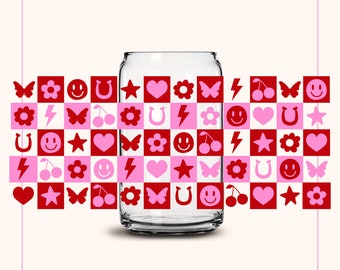 Valentines Glass Can Wrap Svg, Pink Checkers Libbey Glass Sublimation Png