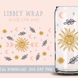 May include: A digital download design for a 20 oz glass can wrap featuring a sun, moon, stars, and leaves in a minimalist style. The design is in shades of gold, pink, and grey.