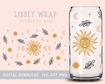 May include: A digital download design for a 20 oz glass can wrap featuring a sun, moon, stars, and leaves in a minimalist style. The design is in shades of gold, pink, and gray.