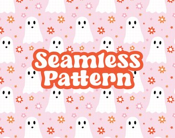 Pink Floral Ghost Seamless Pattern, Spooky Flower Png Pattern