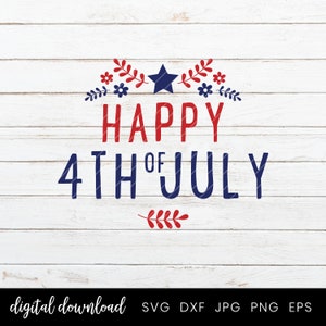 May include: Happy 4th of July text with red, white, and blue stars and floral accents on a white wood background.
