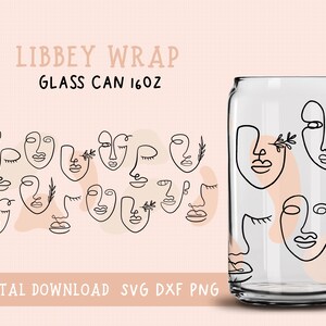 以下が含まれることがあります： 16オンスのガラス製の缶のラッピングデザインのデジタルダウンロード。抽象的な顔のパターンが、1本の線で描かれたスタイルでデザインされています。デザインは白黒で、ピンクのアクセントが付けられています。画像の上部には「LIBBEY WRAP GLASS CAN 16OZ」というテキストがあります。