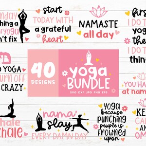 Puede incluir: Un conjunto de 40 dise&ntilde;os de tem&aacute;tica de yoga en rosa y negro. Los dise&ntilde;os incluyen citas inspiradoras, como "Lunes, nada que un poco de yoga no pueda arreglar" y "Namaste todo el d&iacute;a".
