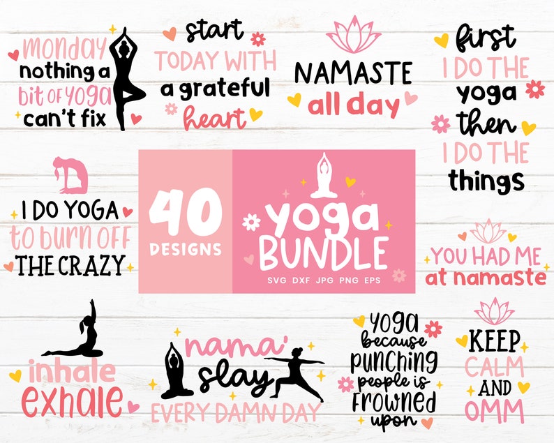 Puede incluir: Un conjunto de 40 dise&ntilde;os de tem&aacute;tica de yoga en rosa y negro. Los dise&ntilde;os incluyen citas inspiradoras, como "Lunes, nada que un poco de yoga no pueda arreglar" y "Namaste todo el d&iacute;a".