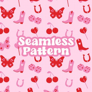May include: A pink and red seamless pattern with butterflies, cherries, horseshoes, dice, cowboy boots, and hearts. The text "Seamless Pattern" is in the center of the design.