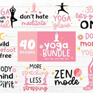 Puede incluir: Un conjunto de 40 dise&ntilde;os de tem&aacute;tica de yoga en rosa y blanco con texto como "Yoga cura el alma", "No odies medita", "Yoga glow", "Vamos a por OM", "Salvaje descalzo & gratis", "M&aacute;s estiramiento menos estr&eacute;s", "Modo zen", "T&oacute;mate el tiempo para hacer que tu alma sea feliz", y "Haz m&aacute;s yoga".