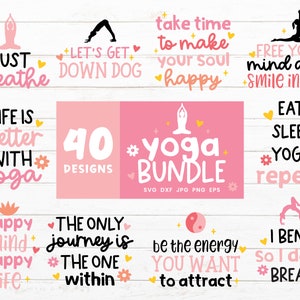 Puede incluir: Un conjunto de 40 dise&ntilde;os con tem&aacute;tica de yoga en rosa, blanco y amarillo. Los dise&ntilde;os incluyen citas inspiradoras, como "Solo respira", "La vida es mejor con yoga", "T&oacute;mate el tiempo para hacer que tu alma sea feliz" y "Libera tu mente y sonr&iacute;e por dentro".