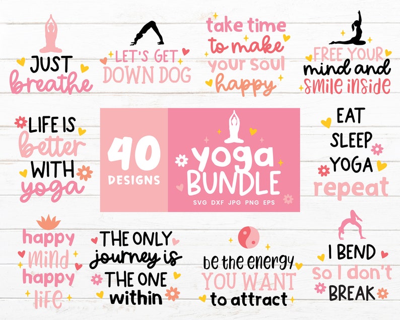 Puede incluir: Un conjunto de 40 dise&ntilde;os con tem&aacute;tica de yoga en rosa, blanco y amarillo. Los dise&ntilde;os incluyen citas inspiradoras, como "Solo respira", "La vida es mejor con yoga", "T&oacute;mate el tiempo para hacer que tu alma sea feliz" y "Libera tu mente y sonr&iacute;e por dentro".