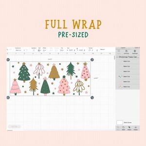 May include: A digital design of a full wrap pre-sized Christmas tree design with green, gold, and pink trees and stars. The design is shown on a grid with the text "Christmas Trees Can..." and "Basic Cut" listed in a sidebar.