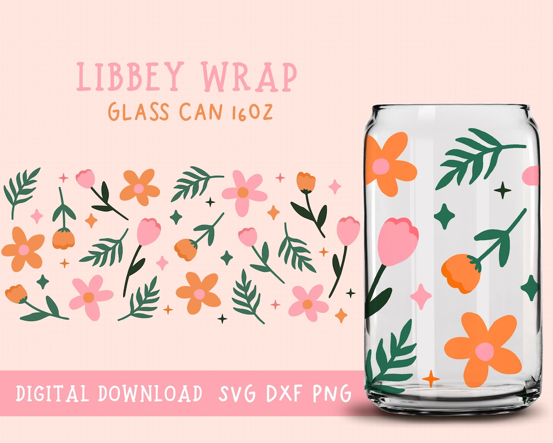 Flower SVG Wrap for Libbey 16oz Can Glass, Libbey Glass Svg, Floral ...