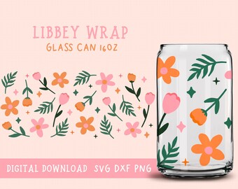 Blume SVG Wrap für Libbey 16 Unzen Dose Glas, Libbey Glas SVG, Floral Libbey Kaffeetasse geschnitten Datei Dxf Png SVG, botanische Sterne Tasse svg
