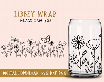 16oz Libbey Glass SVG, Coffee Libbey Glass Can Svg, Flower Full Wrap, 16oz Libbey Cutfile, Glass Coffee Cup,  16oz Libbey Beer Glass Cutfile