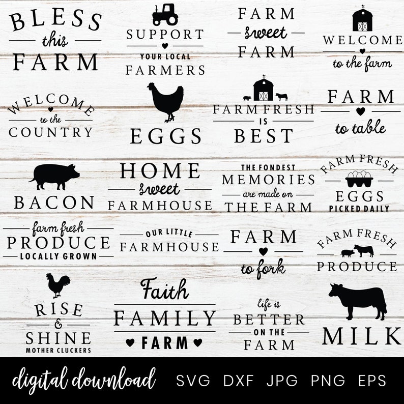 Op de afbeelding: Een verzameling zwart-witte SVG-snijbestanden met een boerderijthema. De ontwerpen bevatten zinnen zoals "Bless this Farm", "Farm Fresh Eggs", "Home Sweet Farmhouse" en "Farm to Fork".