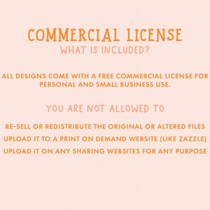 Peut inclure: Texte orange sur fond p&ecirc;che d&eacute;crivant les termes d'une licence commerciale pour les designs. Le texte indique "LICENCE COMMERCIALE" et "QU'EST-CE QUI EST INCLUS ?" suivi d'une liste de ce qui est autoris&eacute; et non autoris&eacute; en vertu de la licence.
