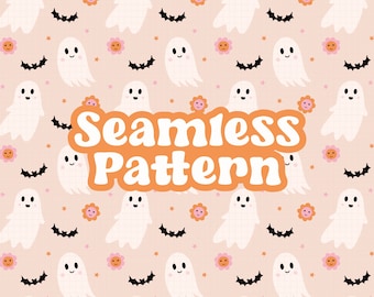 Cute Ghost and Bats Seamless Pattern, Floral Autumn Png Pattern