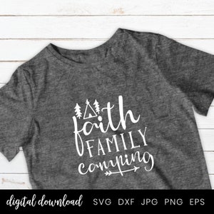 May include: Gray t-shirt with white text that reads "faith family camping" with a small arrow and a tent and trees graphic.