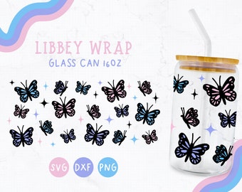 Butterfly SVG, Boho Svg, Koffieglas Svg, Libbey 16oz Can Glass, Vintage Svg, Cricut Cut-bestanden inclusief Dxf, Png & Svg, Png-sublimatie
