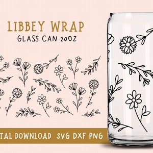 Wildflower Glass, 20oz Libbey Glass SVG, Flower Full Wrap, Coffee Libbey Glass Can Svg, Glass Coffee Cup,  Libbey Beer Glass Cutfile