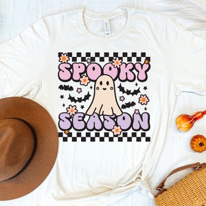 Spooky Season Svg, Spooky Shirt, Halloween Party, Cute Fall Graphic Tee, Halloween PNG,  Retro Boho Fall Shirt, Cute Ghost Svg, Women&#39;s Tee