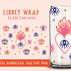 May include: A digital download design for a 20 oz glass can wrap featuring a pink heart with a blue eye and flames, surrounded by blue and red eyes with eyelashes on a light pink background. The text "LIBBEY WRAP GLASS CAN 20OZ" is at the top of the design. The design is also shown on a clear glass can.