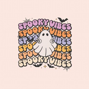 May include: A white ghost with a peace sign hand gesture in front of a colorful background with the text "Spooky Vibes" repeated in different colors.
