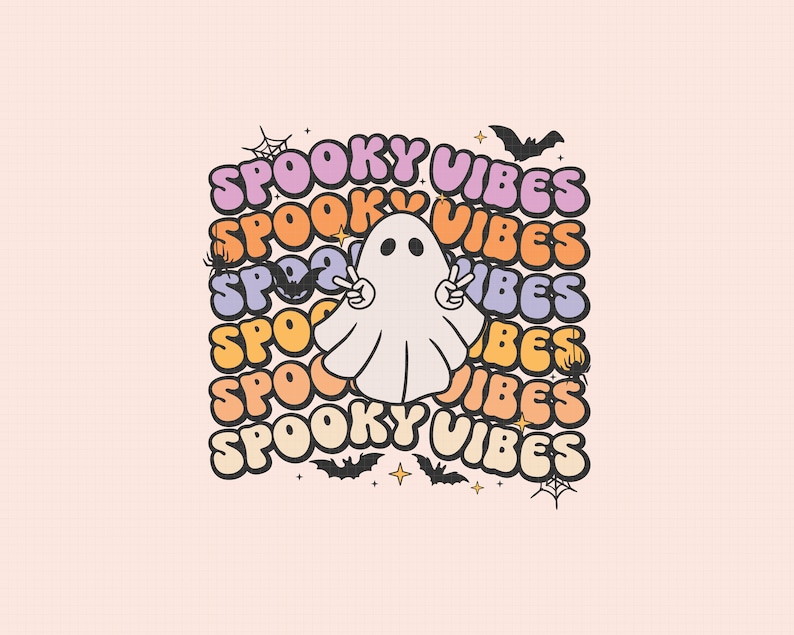 May include: A white ghost with a peace sign hand gesture in front of a colorful background with the text "Spooky Vibes" repeated in different colors.