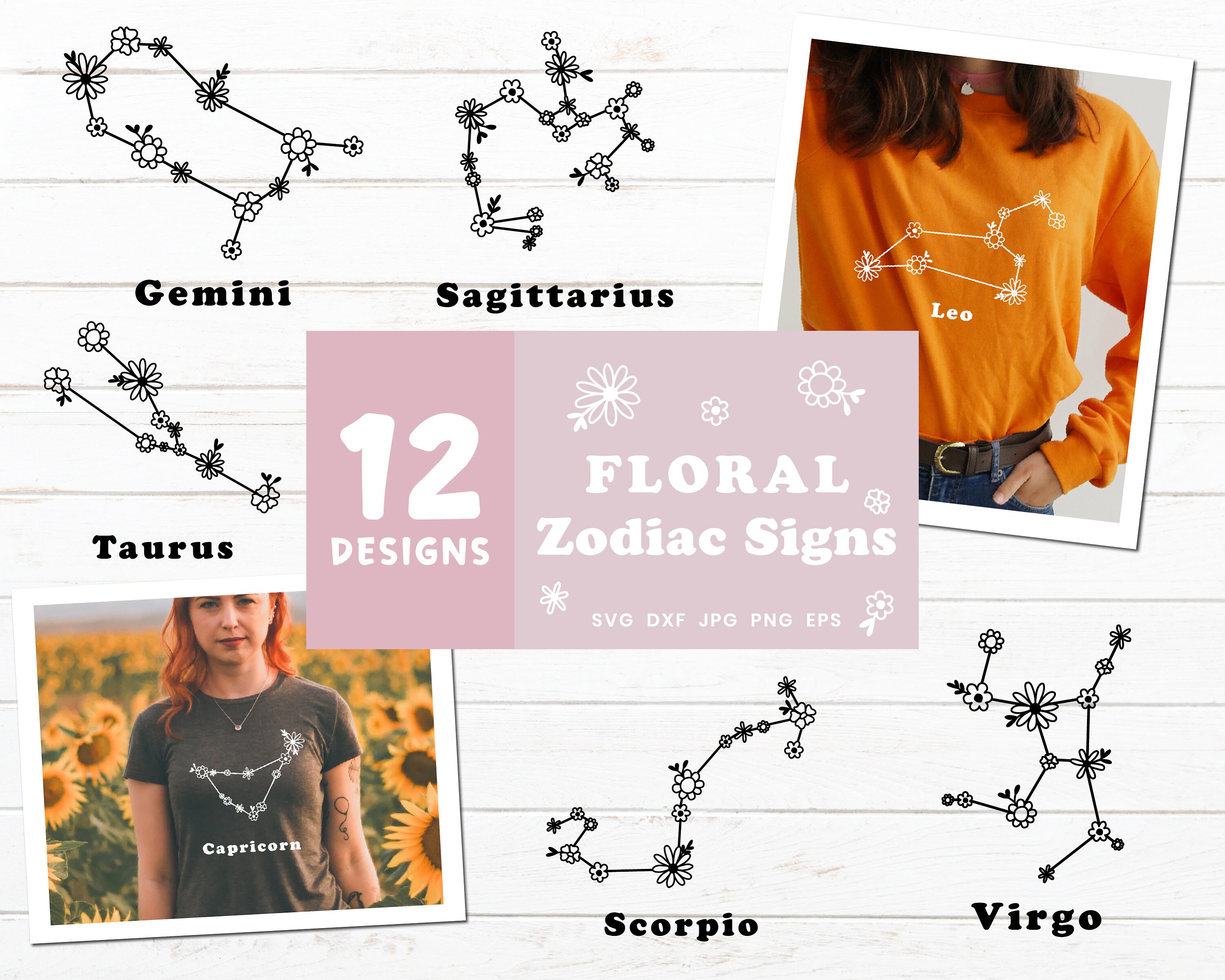 Floral Zodiac Sign Svg Zodiac Sign Bundle Astrology Svg Etsy