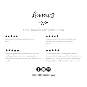 May include: Five-star reviews from customers about a shop on Etsy. The reviews highlight the seller's dedication, speed, and quality of work. The shop's social media handles are also included: Facebook, Instagram, and Pinterest. The shop's Etsy handle is @craftycuttersvg.